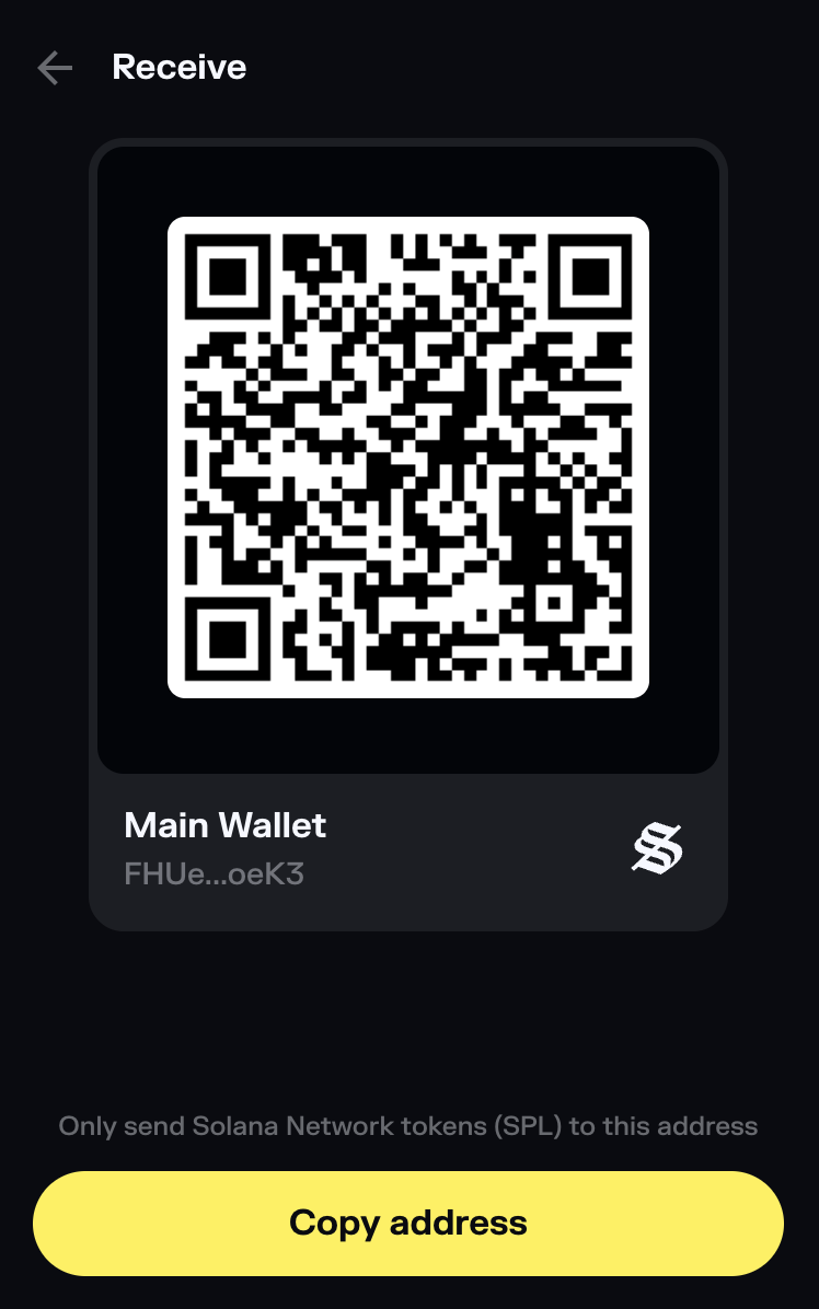 Solflare wallet Receive screen